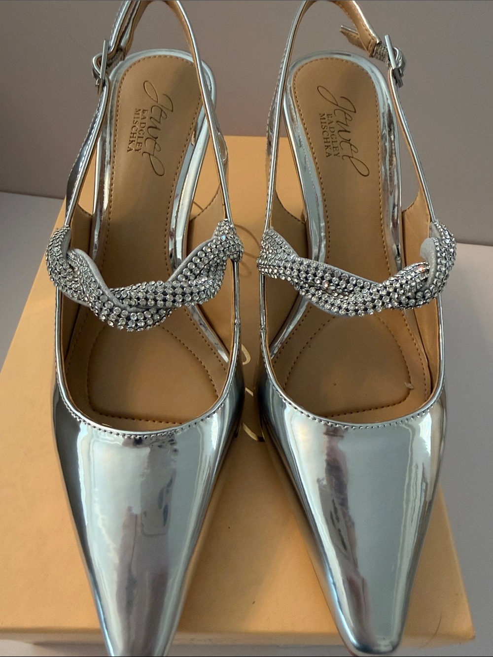 Badgley Mischka Metallic Silver Pointed Slingback Heels with Rhinestone Detail